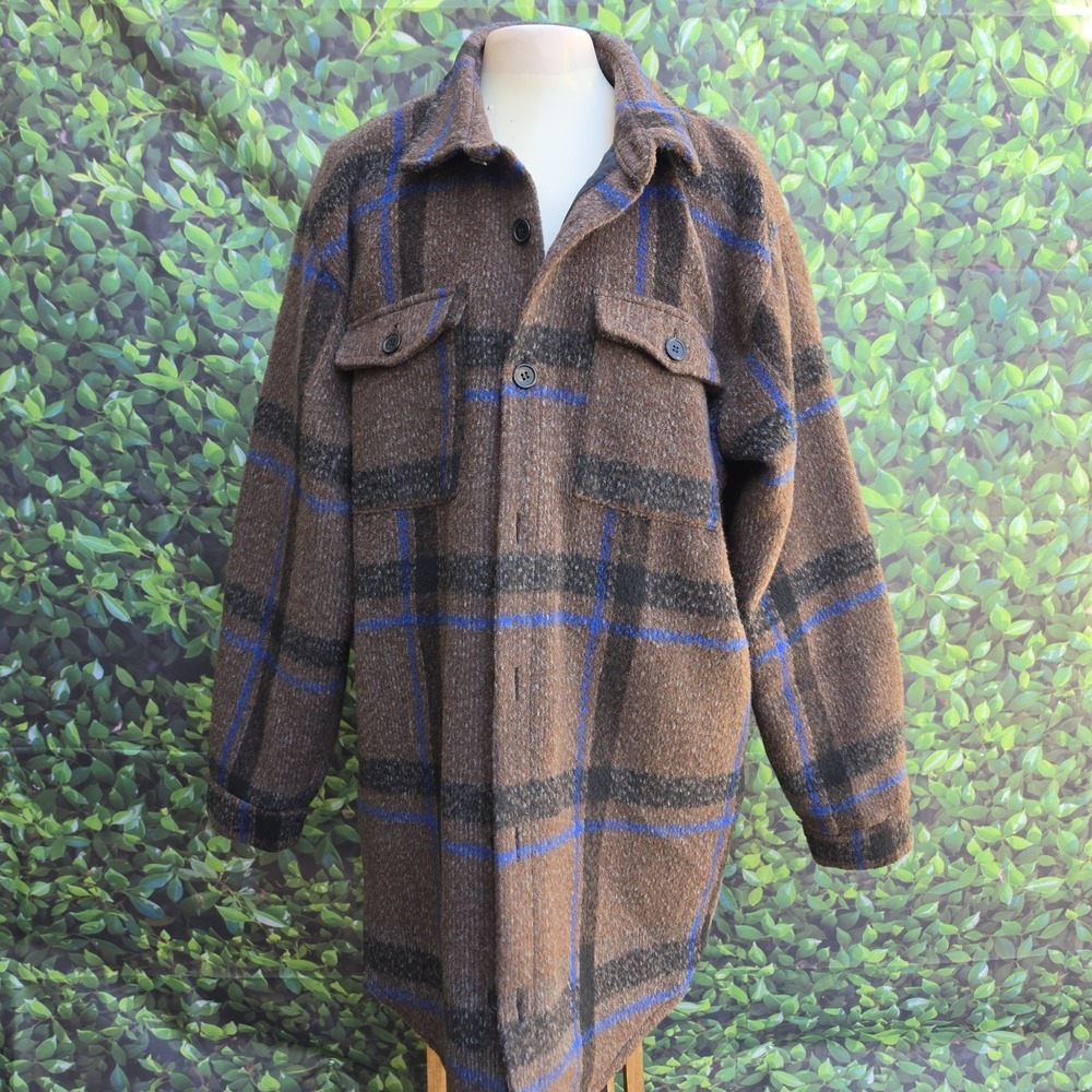 Forever 21 Men Brown Blue Plaid Shirt Jacket Shacket Oversized Large - Picture 1 of 10
